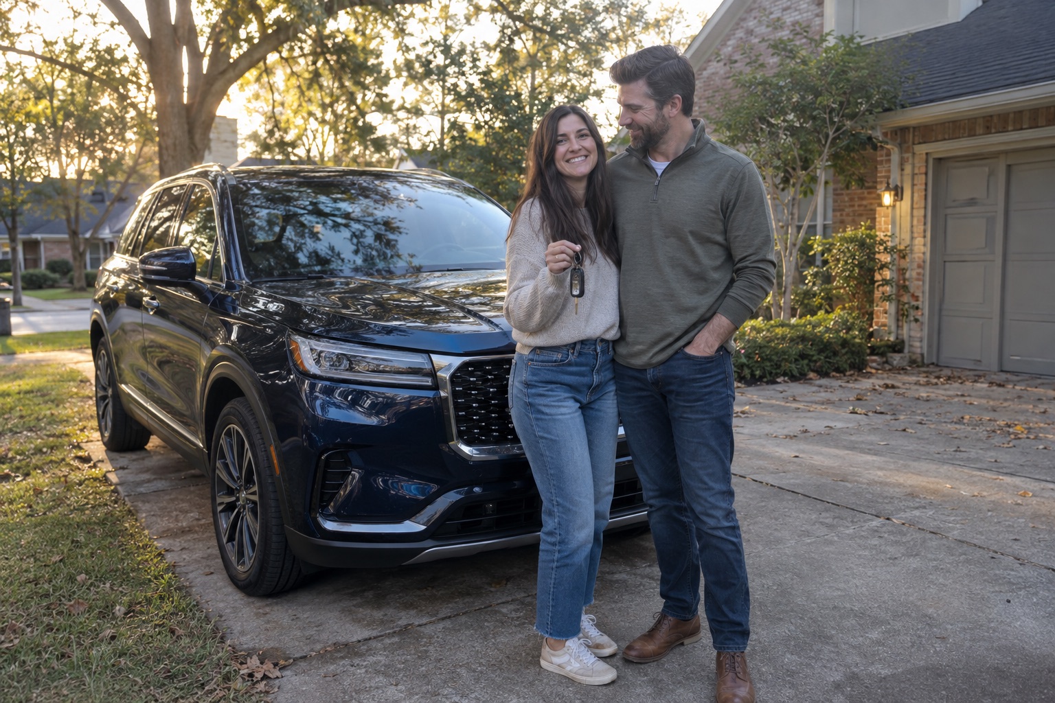 Illustrative candid scene of a couple beside a luxury SUV