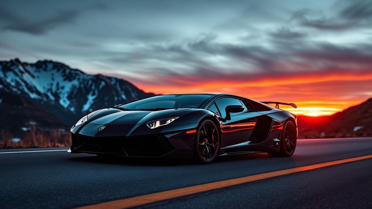 Black Lamborghini with Montana mountains at sunset