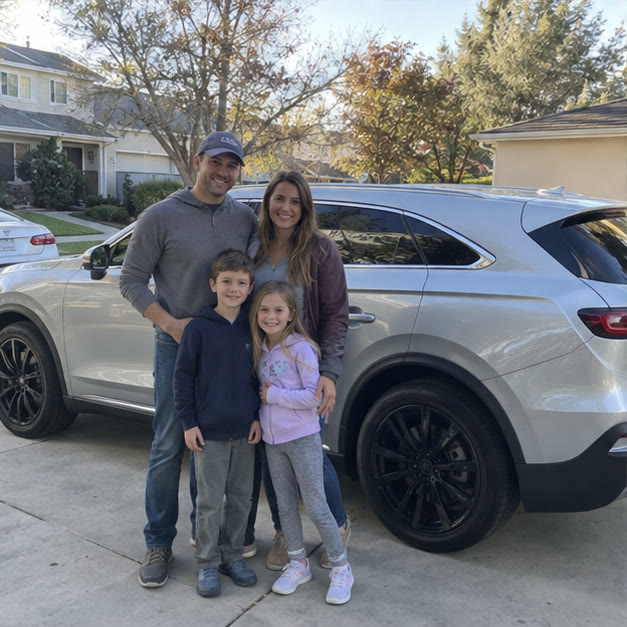 Illustrative candid family beside a premium vehicle