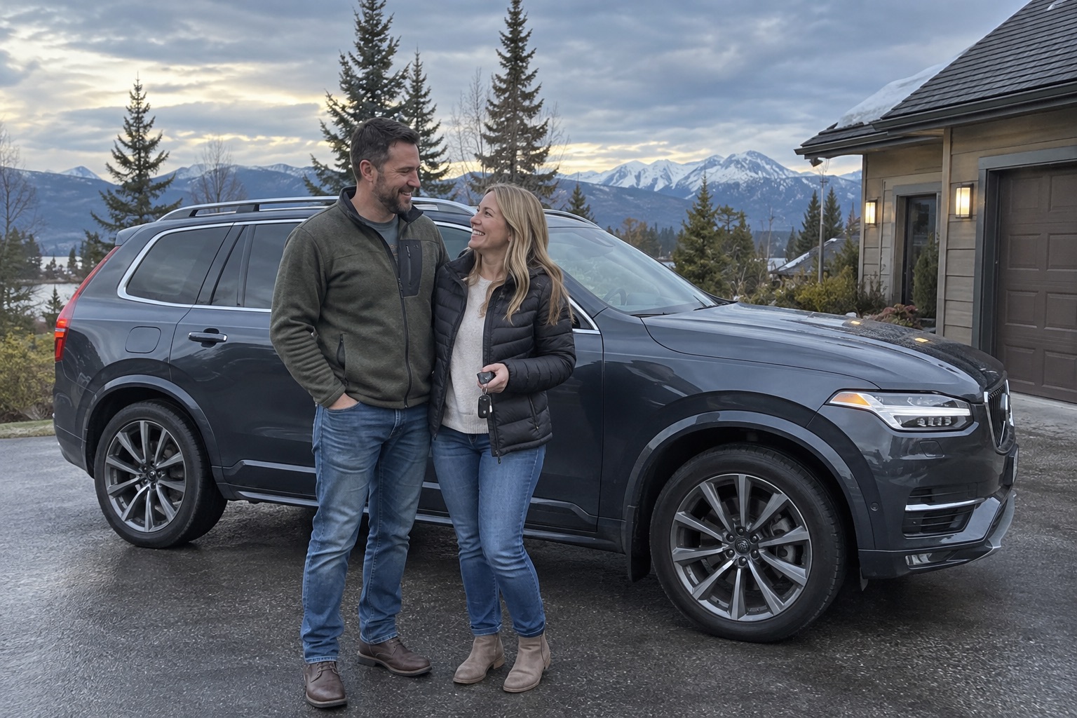 Illustrative candid scene of vehicle owners beside a luxury vehicle for the Alaska guide