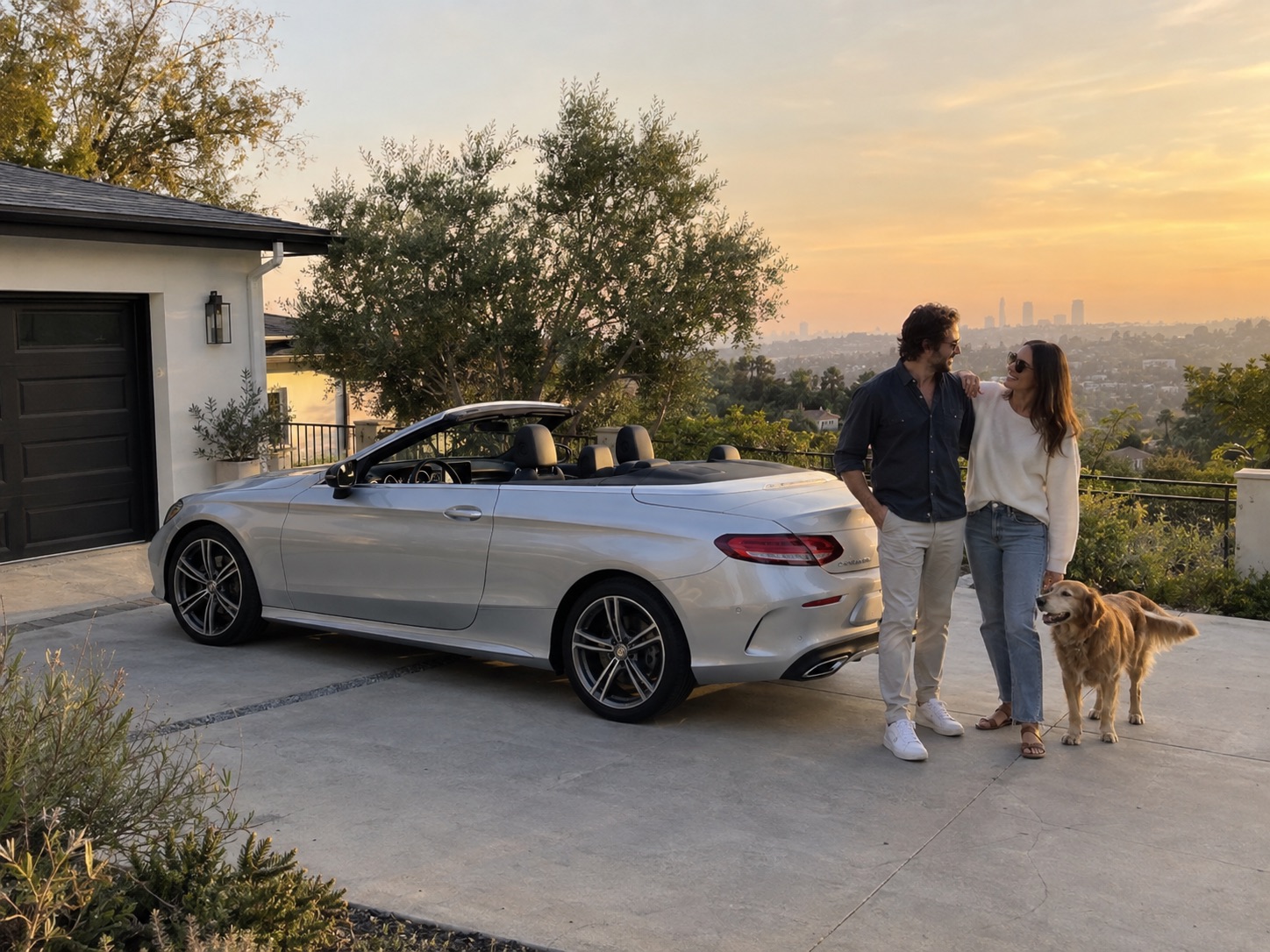Illustrative candid scene of vehicle owners beside a luxury vehicle for the California guide