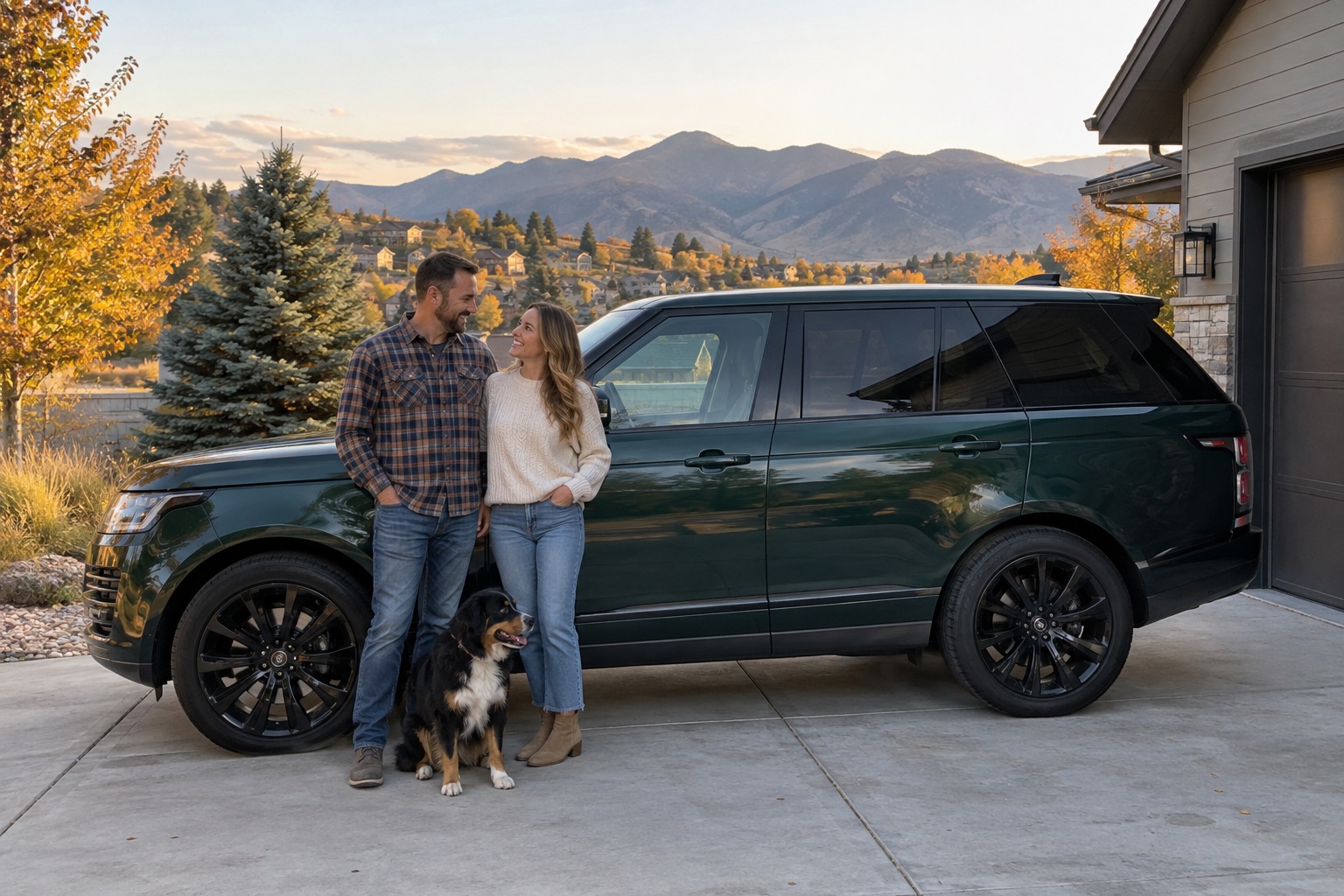 Illustrative candid scene of vehicle owners beside a luxury vehicle for the Colorado guide