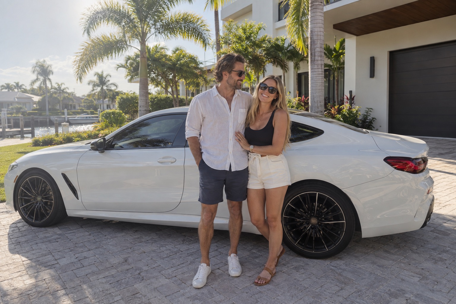 Illustrative candid scene of vehicle owners beside a luxury vehicle for the Florida guide