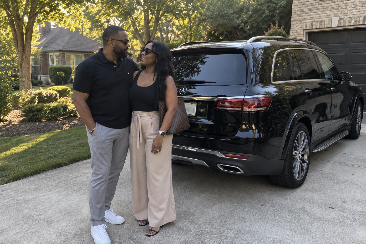 Illustrative candid scene of vehicle owners beside a luxury vehicle for the Georgia guide