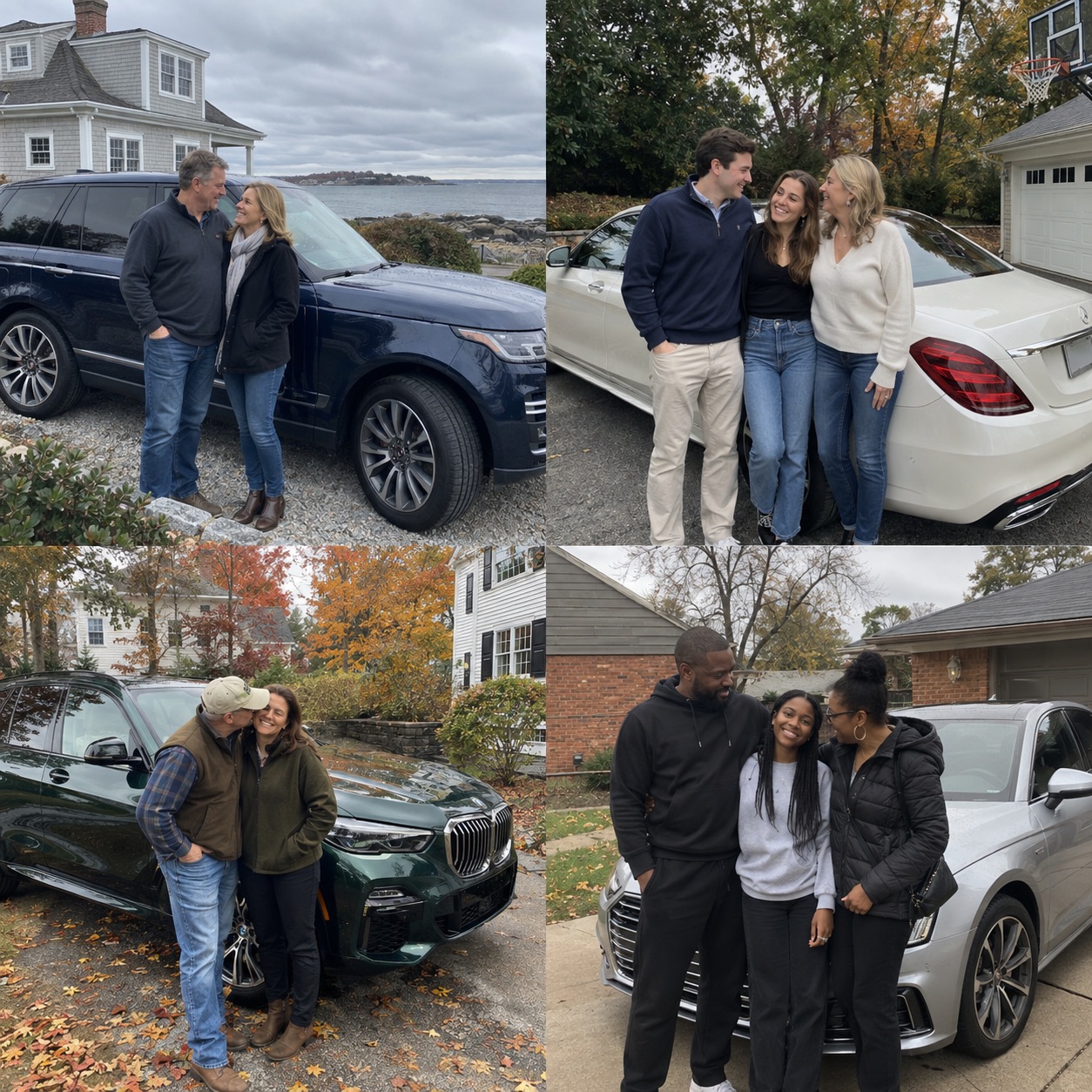 Illustrative candid scene of vehicle owners beside a luxury vehicle for the Michigan guide