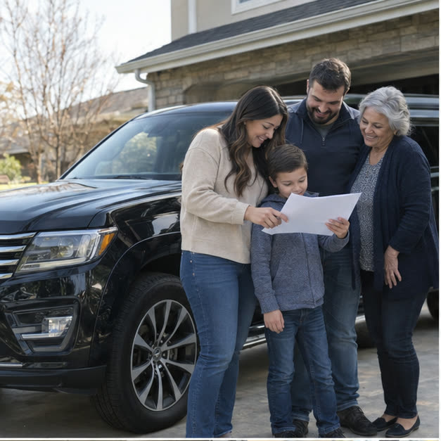 Illustrative candid scene of a family reviewing vehicle paperwork beside an SUV